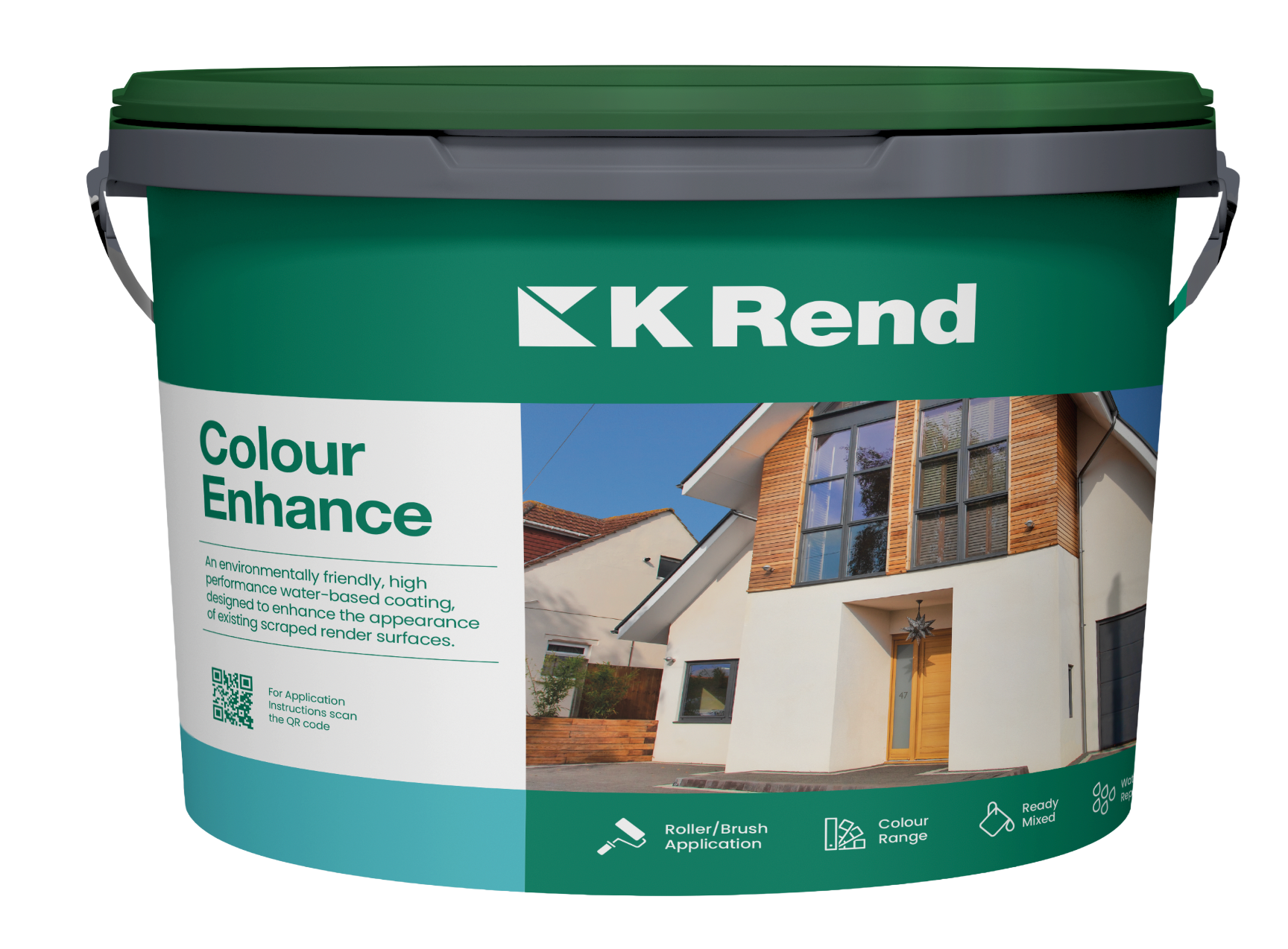 K Rend Colour Enhance paint bucket with a house image on the label