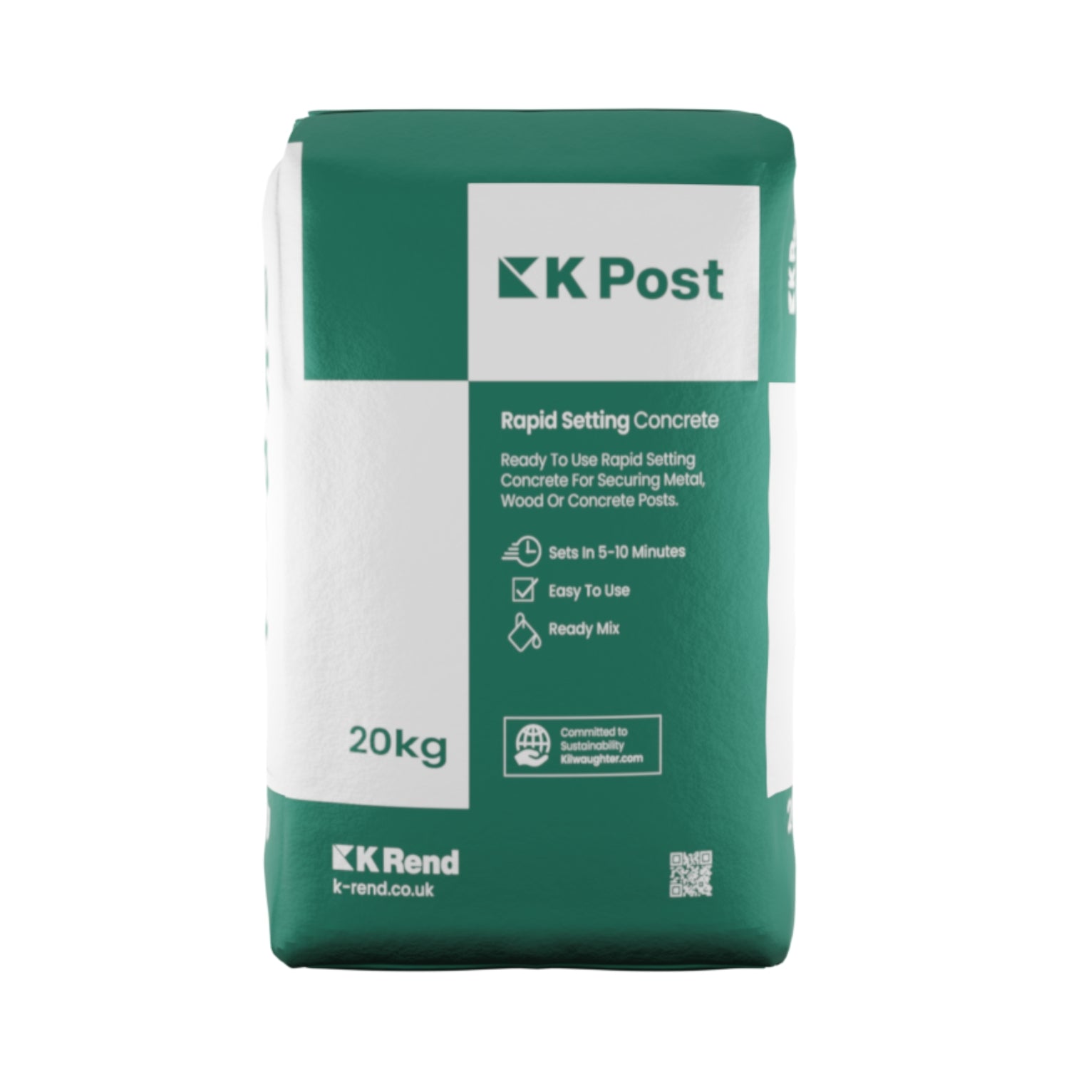 A green bag of K Rend K Post rapid setting concrete, 20kg in weight, with branding and product information printed on the front.