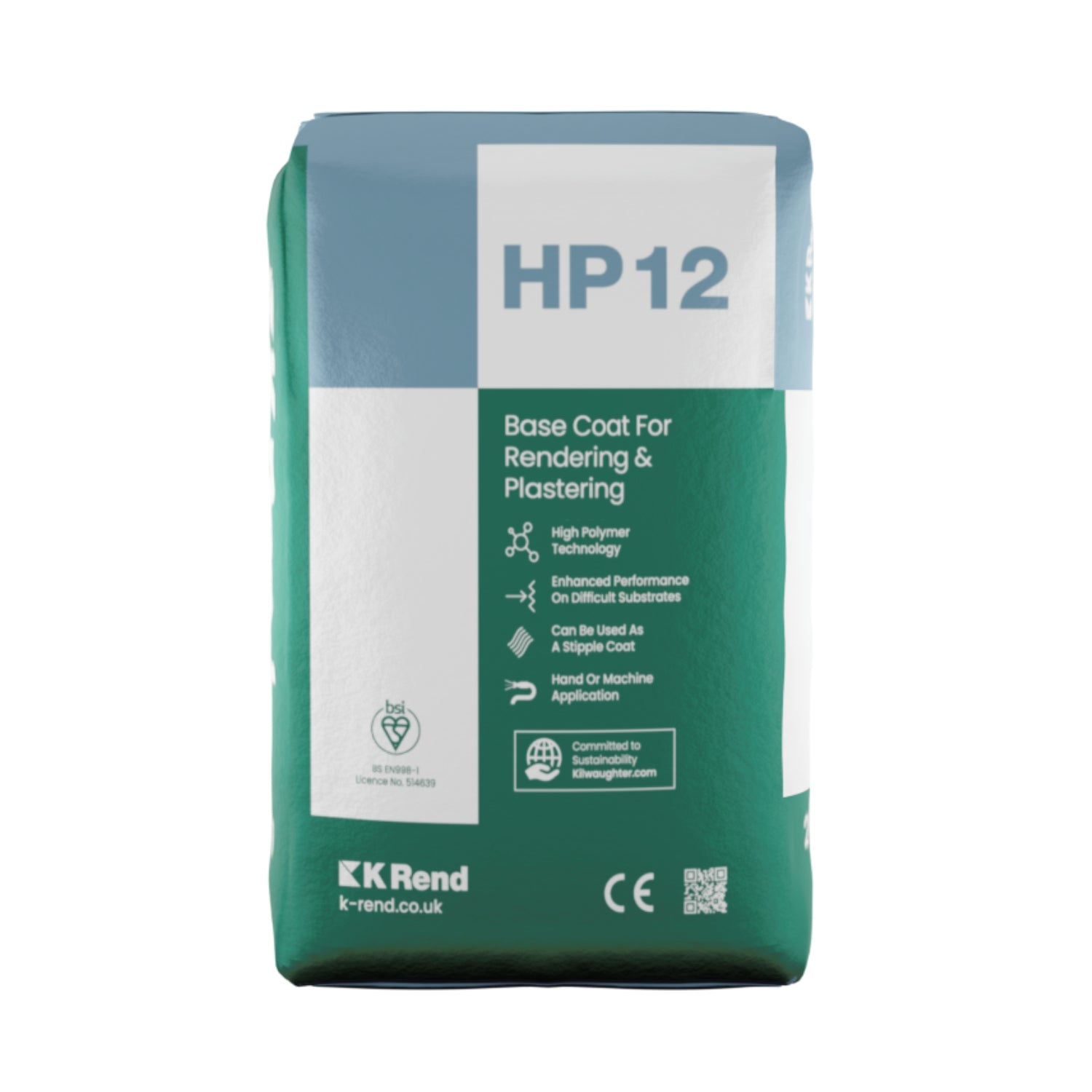 A bag of K Rend HP12 Base Coat, primarily green in color with product details and branding visible.